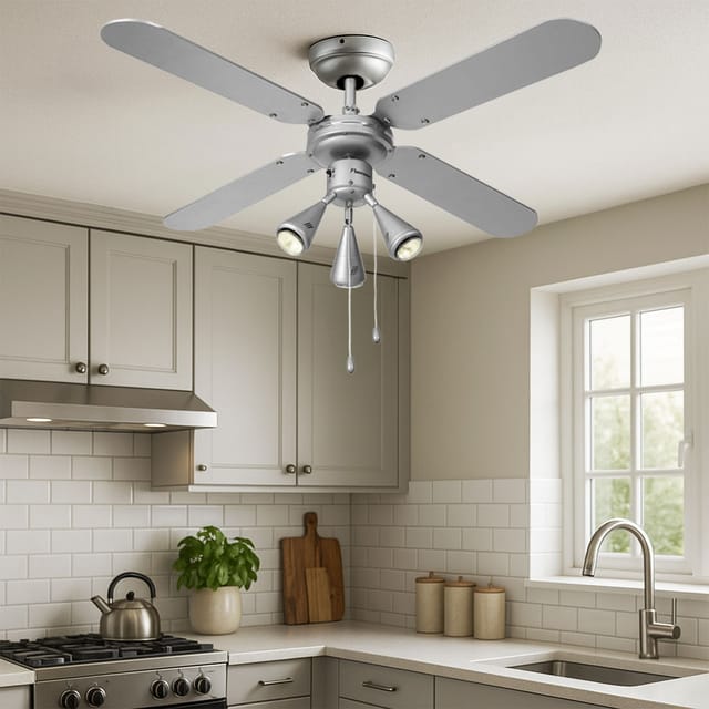 Led Deckenventilator Zugschalter Ventilator Vor-Rücklauf Lüfter wendbare Flügel, Spots beweglich, Holz silbergrau/marineblau, 3x led 3W 220Lm