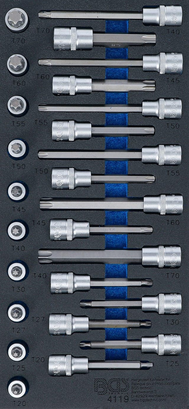 Bgs Technic - Werkstattwageneinlage 1/3: Bit-Einsatz-Satz Antrieb Innenvierkant 12,5 mm (1/2') T-Profil (für Torx) 26-tlg.