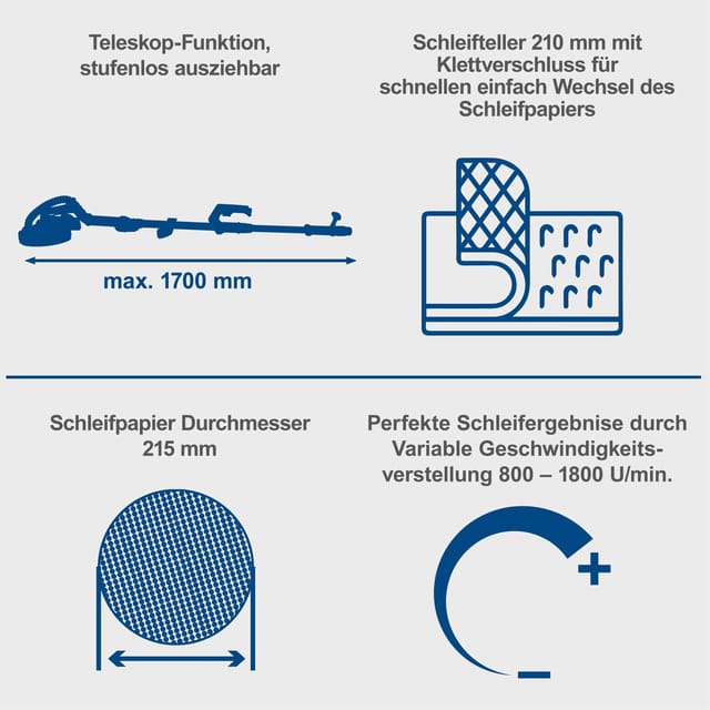 Scheppach - Wand & Deckenschleifer DS920 Trockenschleifer 710 w ø 225 mm bis 90° neigbarer Kopf teleskopierbar inkl. 6 Schleifscheiben