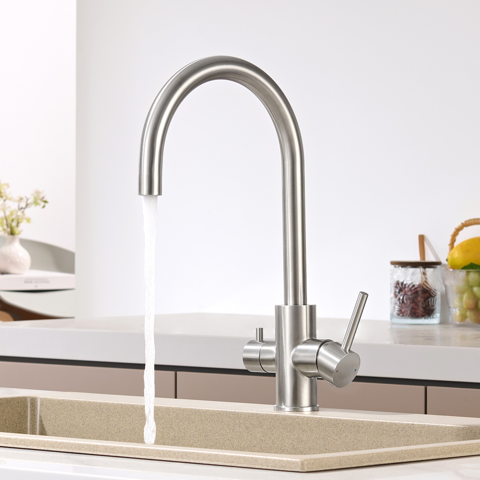 3-wege Küchenarmatur Edelstahl Cecipa Max – Trinkwasserhahn Mit Wasserfilter, 360° Schwenkbar, 2 Griffe & 2 Ausläufe, Keramikkartusche, Für Osmoseanlage