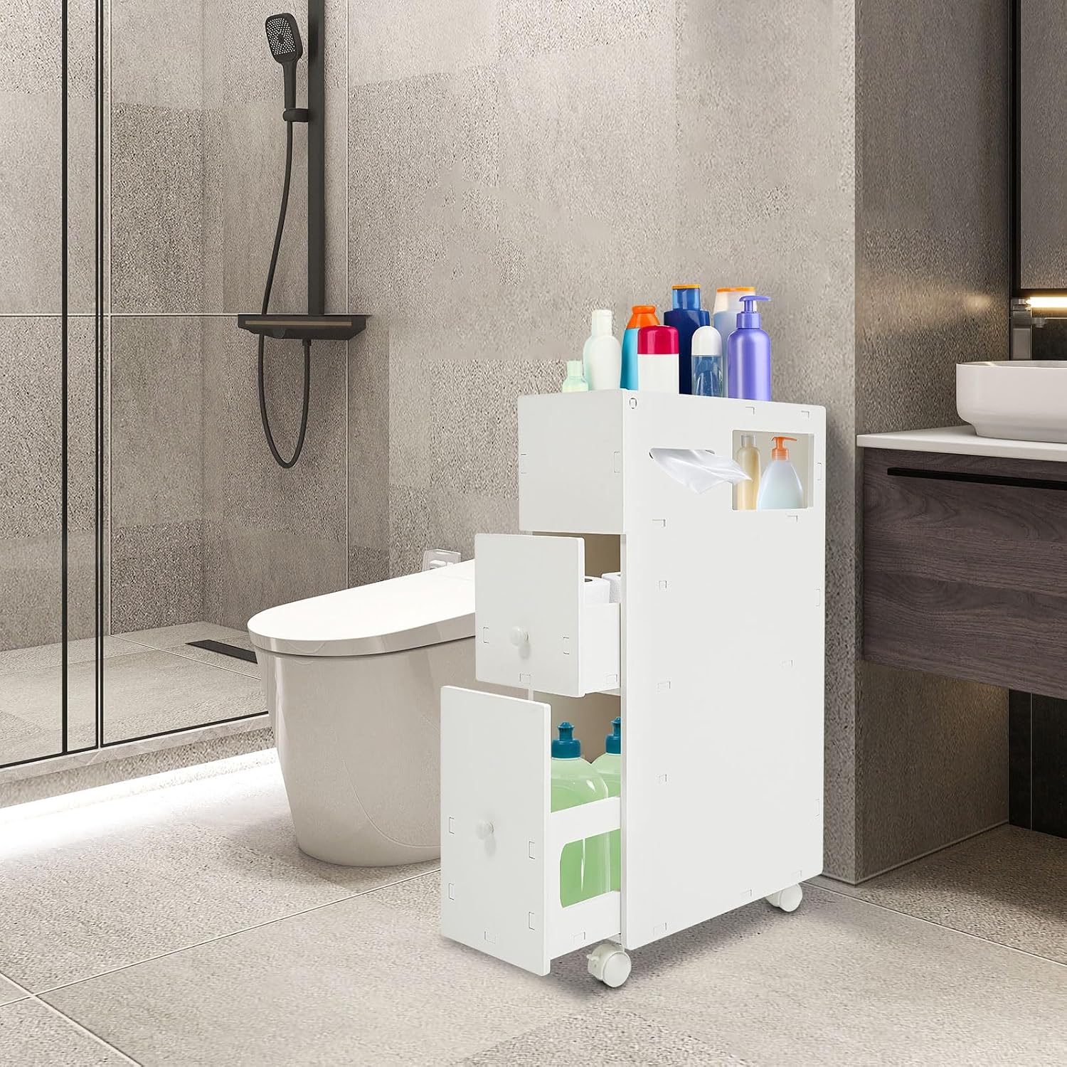 Badezimmerschrank Schmal 19,5 Cm Nischenschrank Mit 2 Schubladen Und Rollen Holz-kunststoffplatte, Wc-schrank Für Kleine Bäder, 4 Bremsrollen, Badschrank Klein, Tissuefach, Offenes Ablagefach