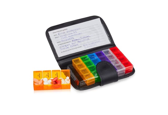 Tablettenbox mit Etui, 7 Tage, 4 Fächer, wöchentliche Pillendose für unterwegs & Reise, Tablettenetui, schwarz - Relaxdays