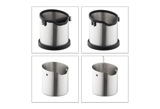 Relaxdays - Abklopfbehälter Kaffeesatz, Gummi-Abklopfstange, für Siebträgermaschine, Abschlagbehälter, Edelstahl, silber