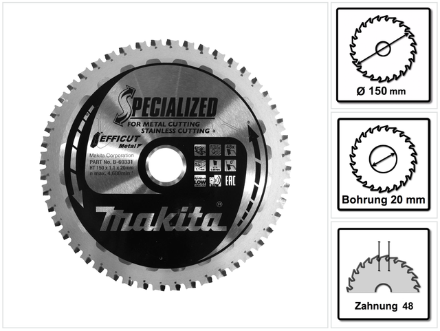 Makita Sägeblatt 150x1,1x20, 48Z EFFICUT Metall, Alu