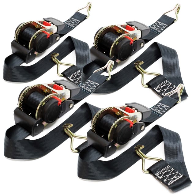 Wiltec Automatik Zurrgurt 4er Set 750 daN Zuglast 3 m x 50mm PES Spanngurt mit S-Haken selbstaufrollend, ideal für Autotransport
