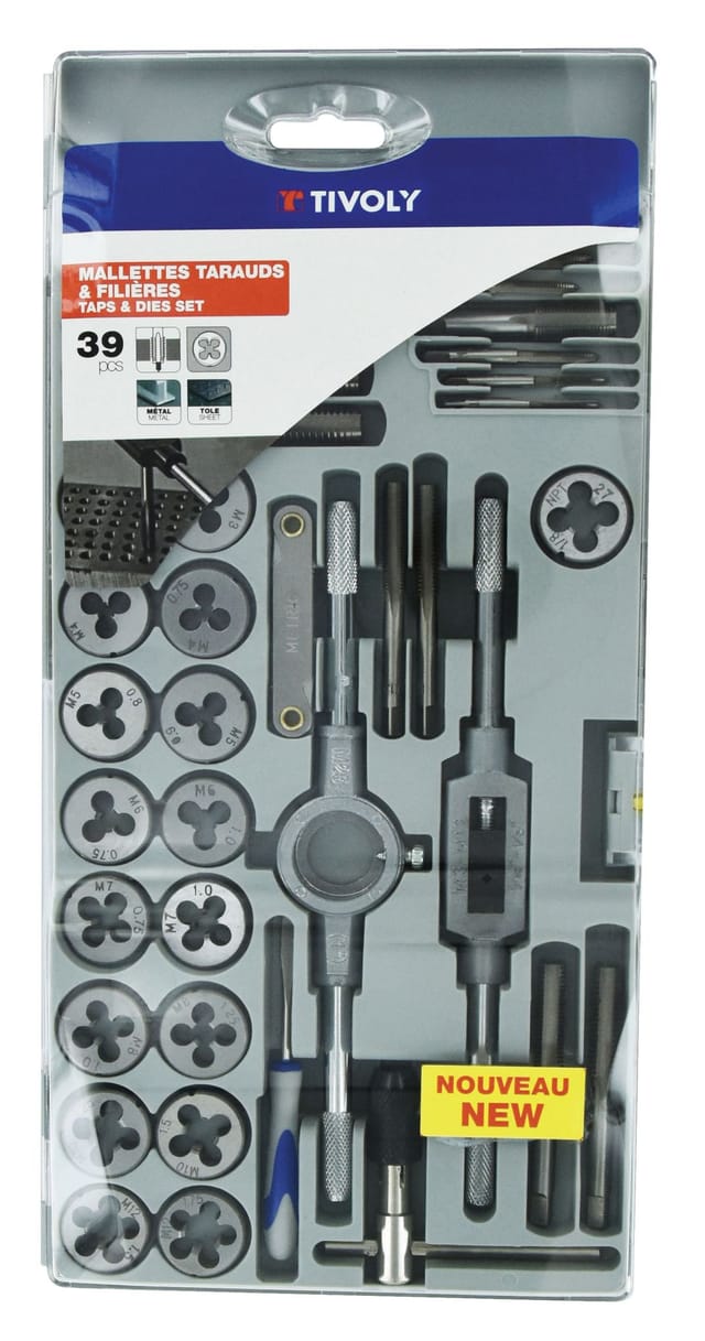 Schachtel mit 39 Teilen – 17 Gewindebohrer + 17 Schneideisen M3 bis M12 und MF4 bis MF12 + 1 Gewindelehre + 1 Schraubendreher + 2 Gewindebohrerhalter