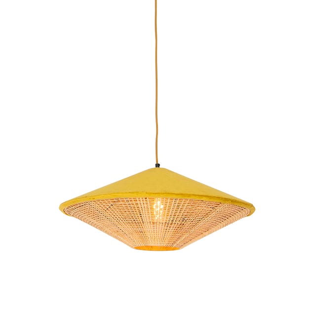 Landhaus-Pendelleuchte Gelb Samt mit Rattan 60cm - Frills Can