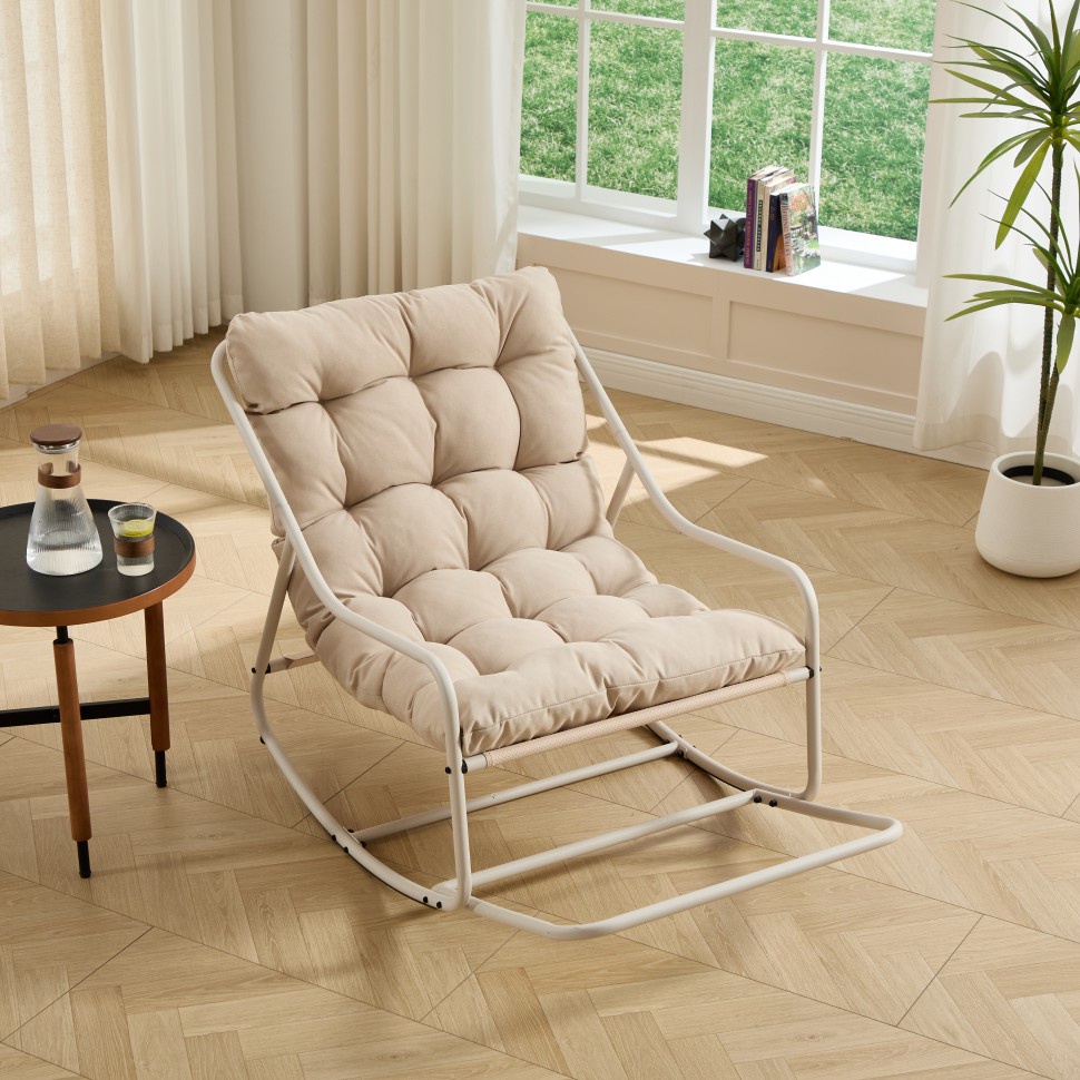 Schaukelstuhl Für Den Außenbereich – 75 X 116 X 82 Cm – Gartenschaukelstuhl Mit Dickem Und Weichem Kissen – Beige