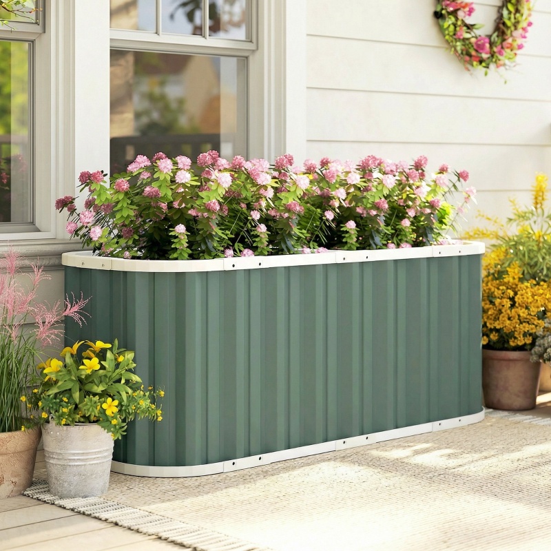Hochbeet Aus Metall 136 X 53 X 61 Cm – Tiefer Gartenkübel Mit Handschuhen Und Etiketten – Salbeigrün