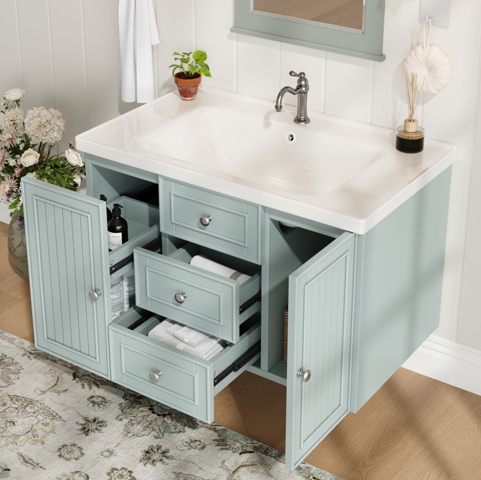 Hängender Badezimmerschrank Mit Keramikwaschbecken – 78,5 X 46 X 46,8 Cm – 3 Schubladen Und Stauraum – Grün