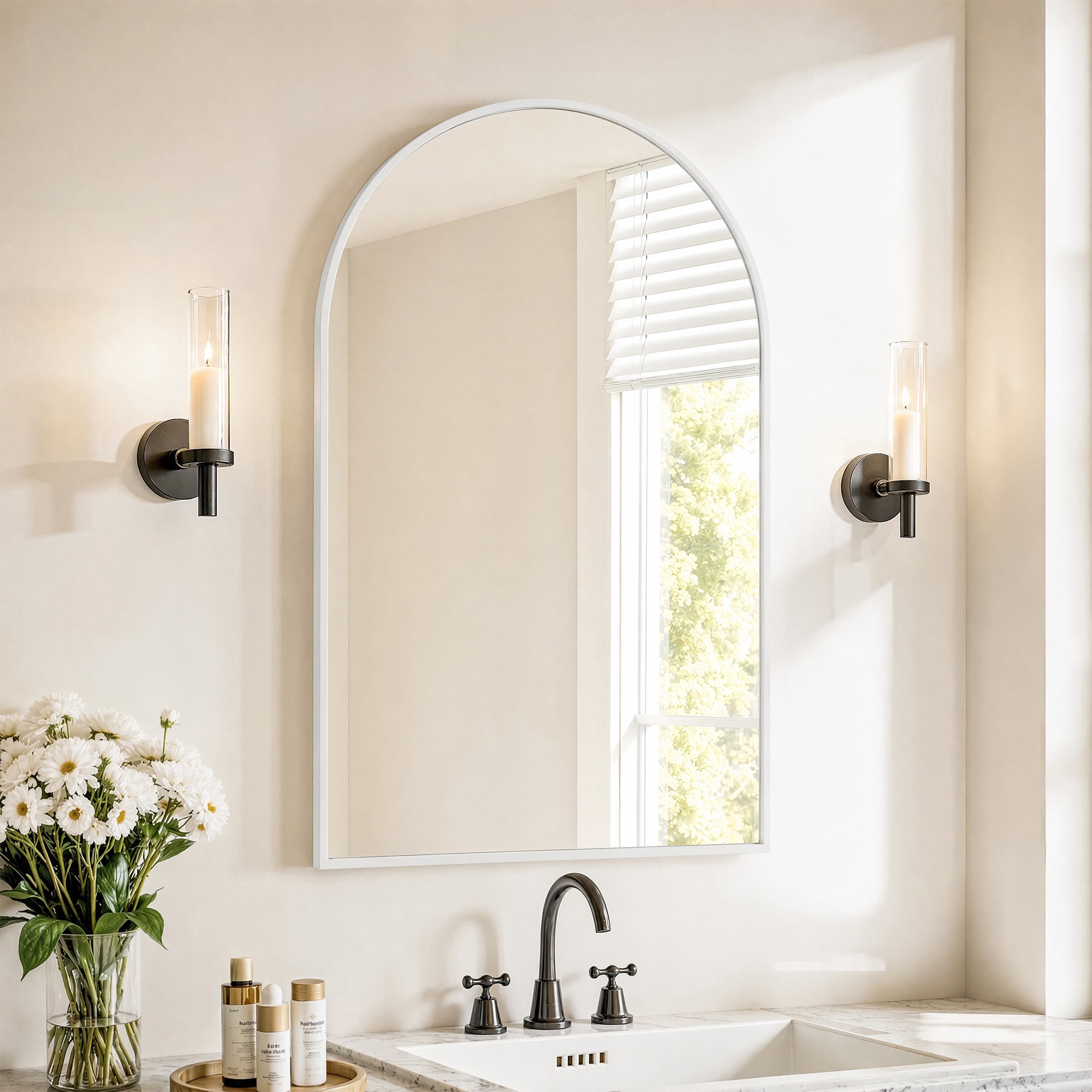 Gewölbter Wandspiegel – 91 X 61 Cm – Bruchsicheres, Hochauflösendes Hartglas Mit Rahmen Aus Aluminiumlegierung – Weiß