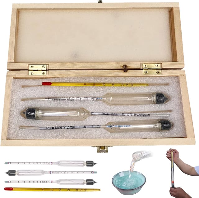 Hydrometer-alkoholtester-testkit, 3-teilig, 0-100 Proof Alkoholtester, Präzises Graduiertes Alkoholmessgerät Mit Thermometer Und Holzbox Für Wein, Bier, Apfelwein, Tests Und Destillation