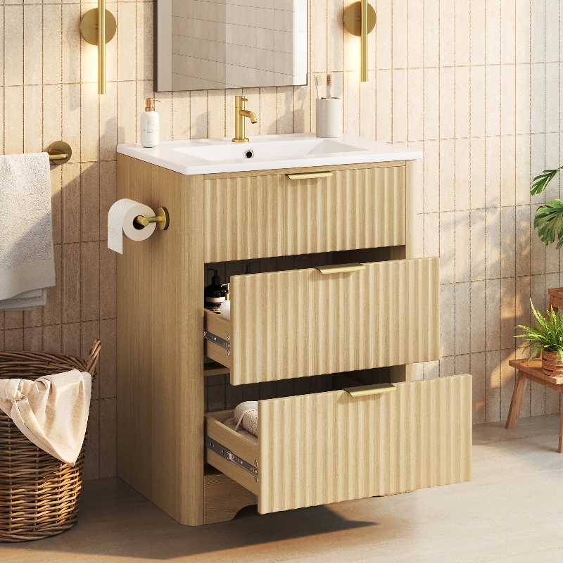 Freistehender Waschtischunterschrank 61 Cm Mit Keramikbecken, Badmöbel In Holzoptik Mit Schubladen Und Beidseitigem Toilettenpapierhalter