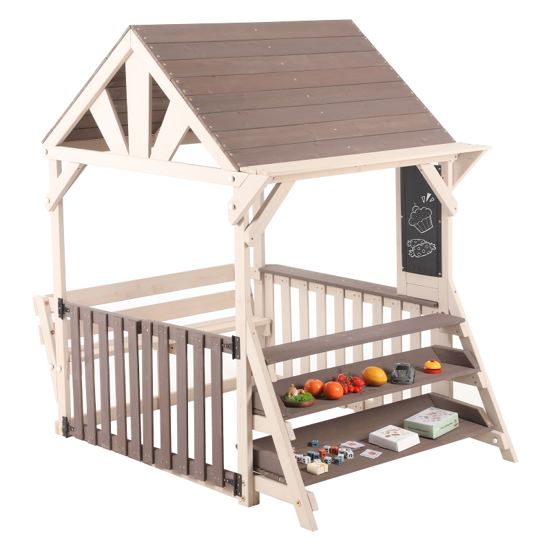 Matschküche Outdoor Kinderküche Aus Holz Mit Regensicherem Dach Und Stauraum-regal, Wetterfestes Gartenspielhaus Ab 3 Jahren, 147x114x156 Cm, Grau