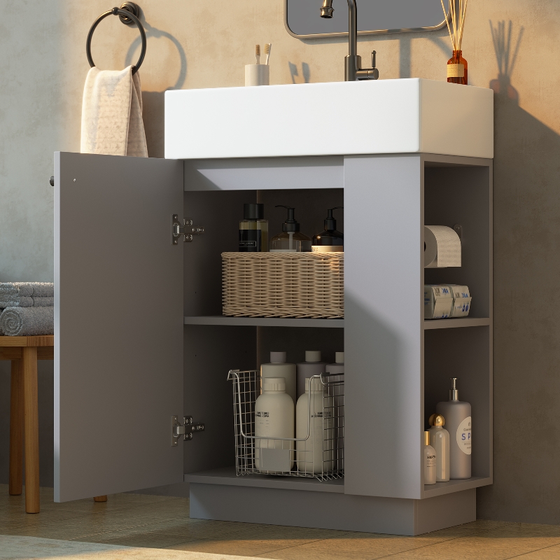 Waschbeckenunterschrank 55 Cm Mit Keramikwaschbecken Und Stauraum, Freistehender Waschtisch Mit Toilettenpapierhalter, Mdf Grau Geriffelt