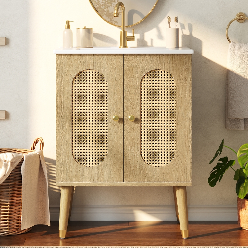 Waschtisch Mit Keramikwaschbecken 61x47x89cm, Freistehender Badezimmerschrank In Holzoptik Mit Rattan-türen, Stauraum Und Soft-close