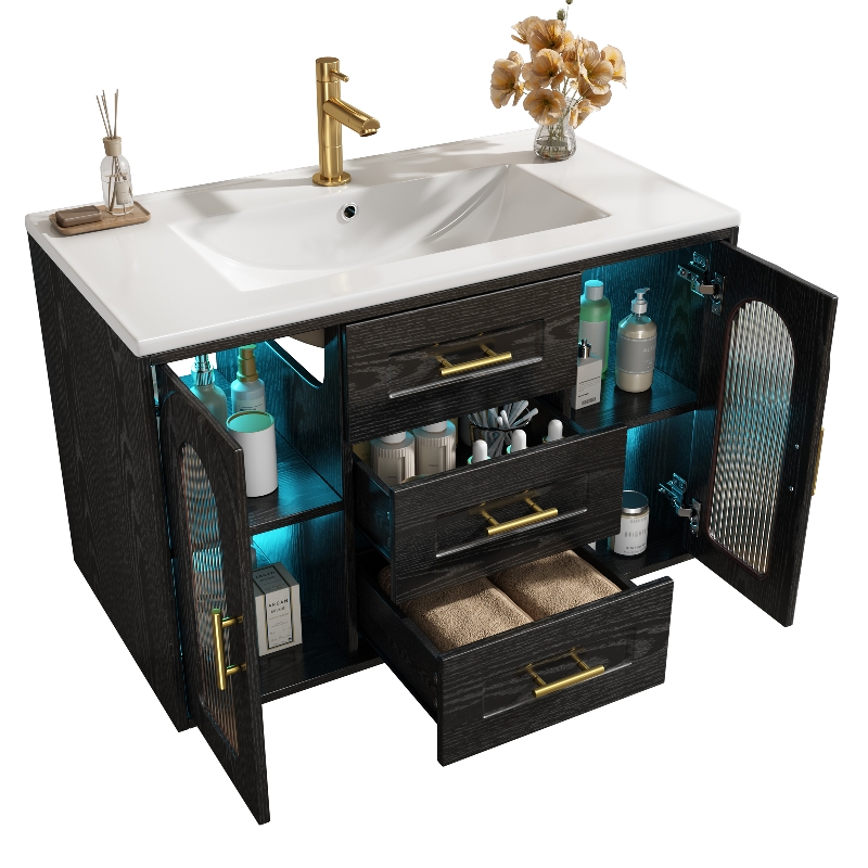 Badezimmerschrank Mit Waschbecken Und Led-beleuchtung, Hängender Waschbeckenunterschrank Mit Stauraum, 76x46x55cm, Schwarz Holzmaserung