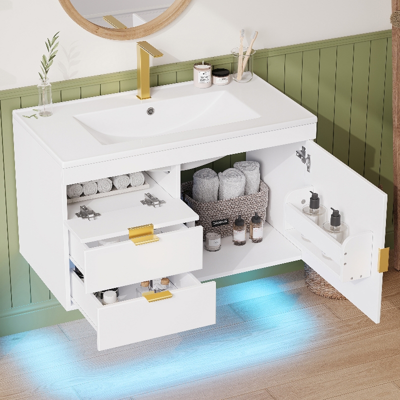 Badezimmerschrank Mit Waschbecken 76cm, Wandhängender Waschtisch Mit Led App-steuerung, Schubladen Und Soft-close, Weiß Holzoptik