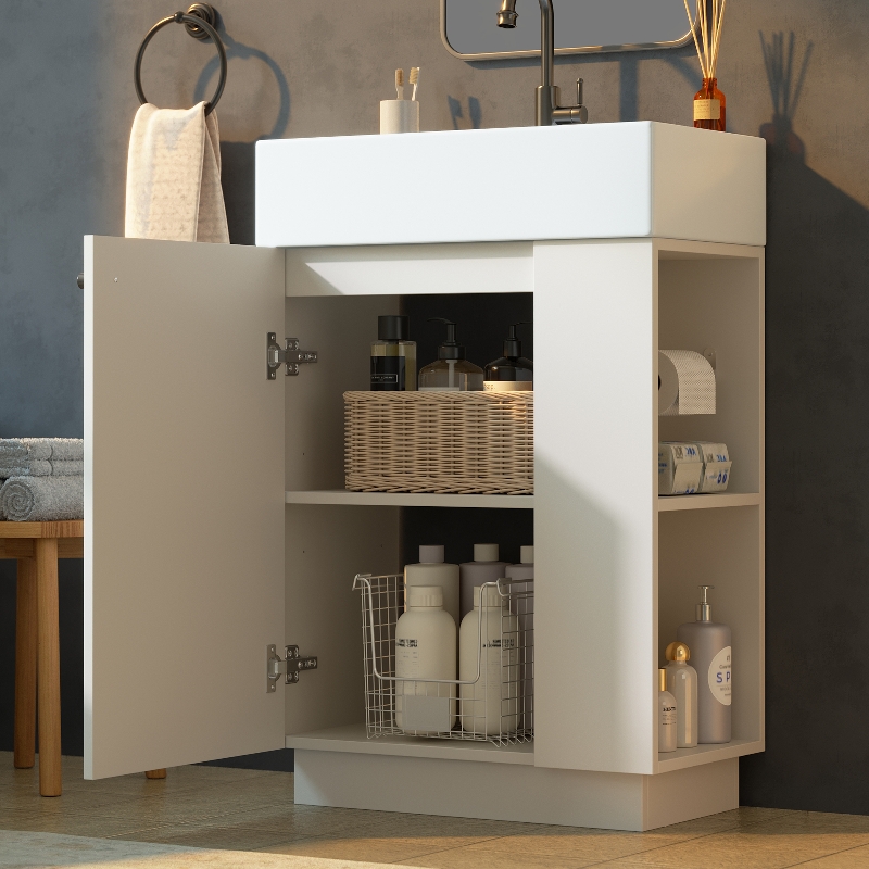 Waschbeckenunterschrank 55 Cm Mit Keramikwaschbecken, Freistehender Waschtisch Mit Toilettenpapierhalter, Soft-close Tür, Holzoptik Weiß
