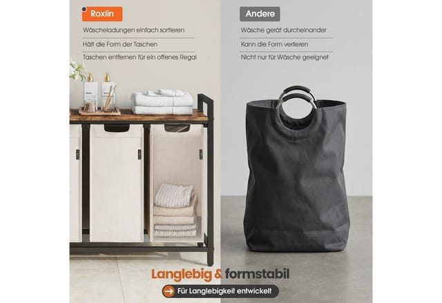 Roxlin Wäschekorb Mit Ablage – Wäschesortierer Aus Metall & Bambus Für Bad, Schlafzimmer & Waschküche – 3 Fächer – Crème