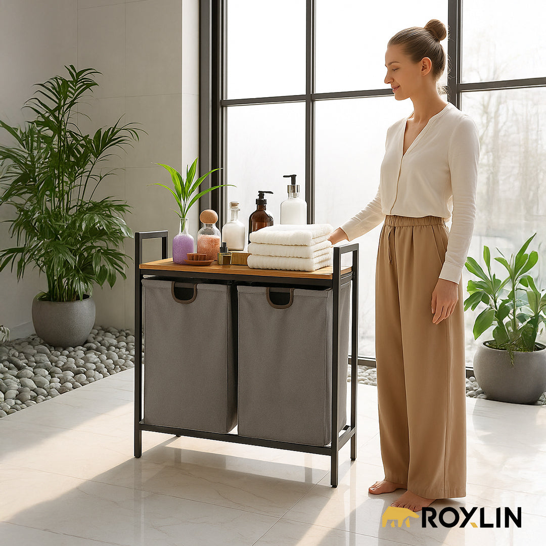 Roxlin Wäschekorb Mit Ablage – Wäschesortierer Aus Metall & Bambus Für Bad, Schlafzimmer & Waschküche – 2 Fächer – Grau