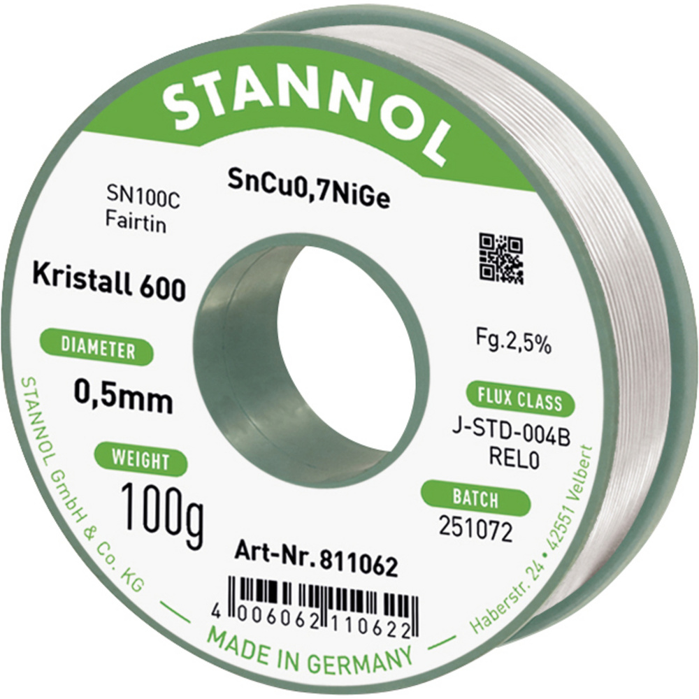 Stannol Lötdraht Kristall 600 Lötzinn, Bleifrei Bleifrei, Spule Rel0 100 G 0.5 Mm