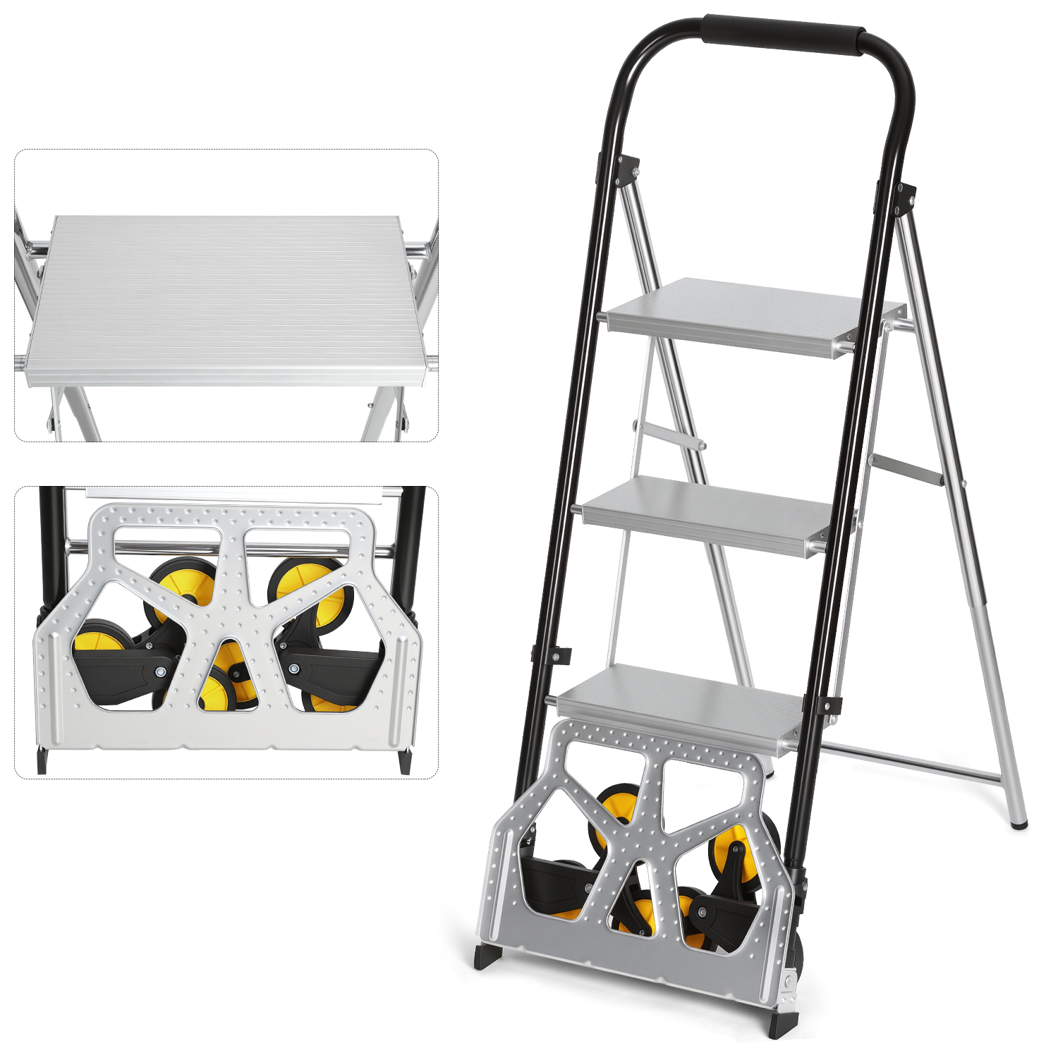 Tolletour Treppensackkarre 2 In 1 Mit 3-stufiger Klappleiter, Faltbare Sackkarre Mit Rollen, 80 Kg Wagenlast, 150 Kg Leiterlast