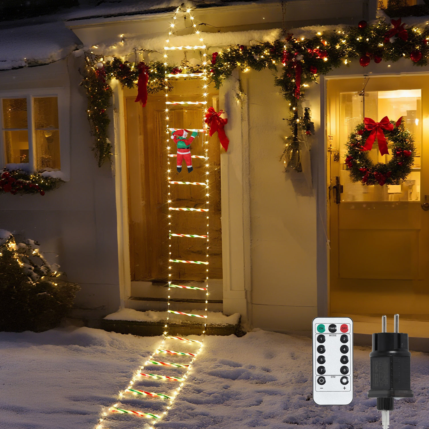 Tolletour Led Weihnachtsmann Leiter 3 M, 338 Leds, 8 Lichtmodi, Fernbedienung, Timer, Warmweiß