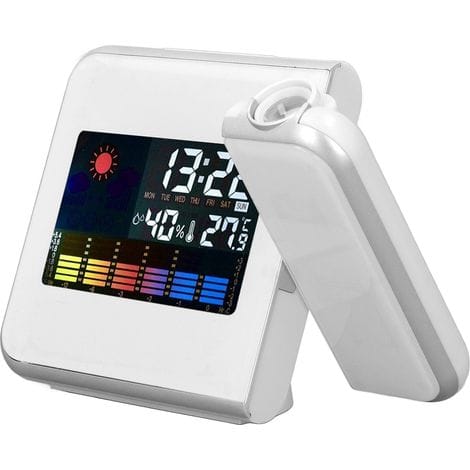 Wetterstation Mit Projektion – Farb-lcd-digitaluhr, Temperatur- Und Luftfeuchtigkeitsanzeige, Wecker Mit Schlummerfunktion, Led-hintergrundbeleuchtung, Kabellos, Weiß