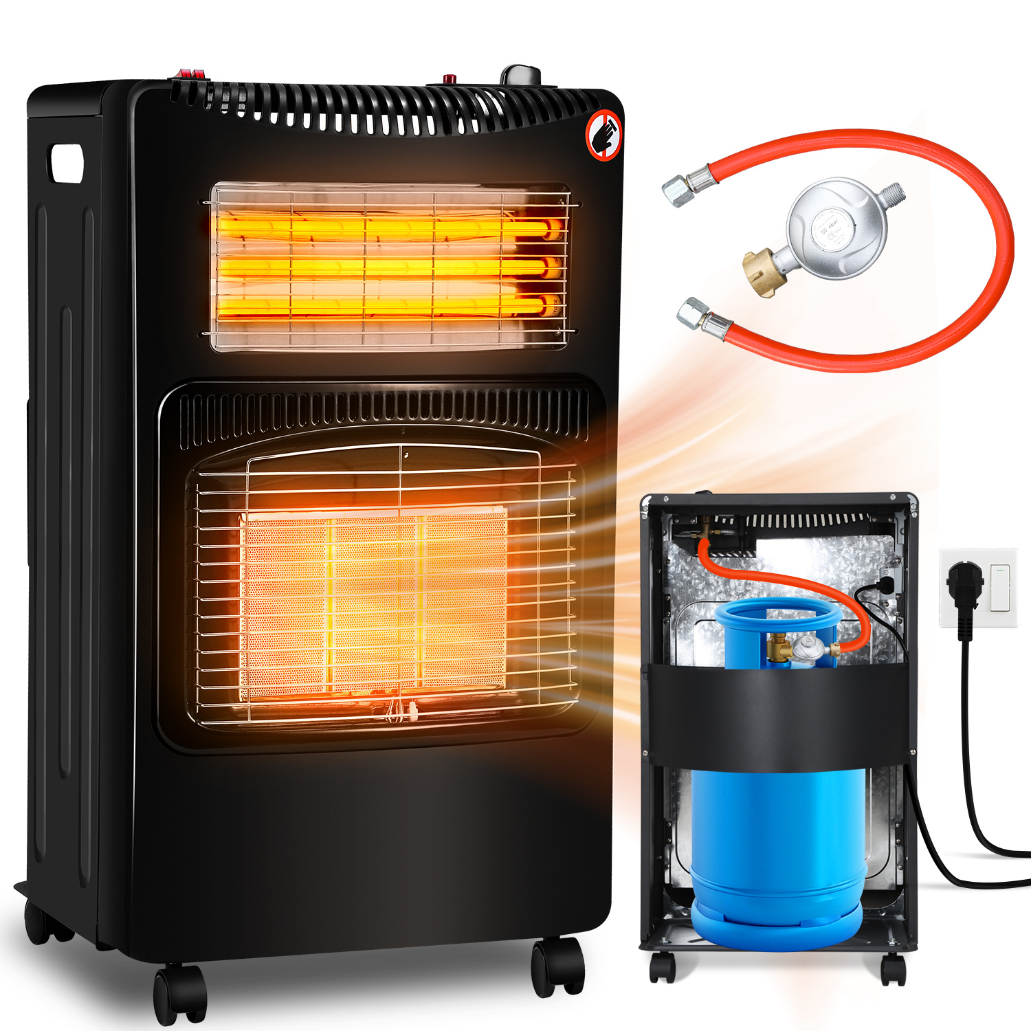 Jiubiaz Gas-elektroheizer 4200 W + 1200 W, 3 Heizstufen, Infrarotwärme, Für Flüssiggas, Schwarz