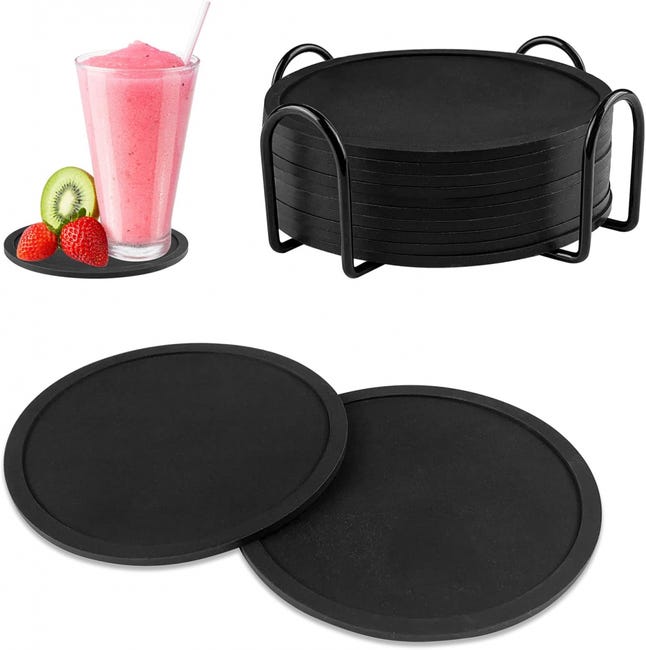 Set Mit 12 Silikonuntersetzern, Inklusive Halter, Schwarze Untersetzer Mit Rillen, Rund