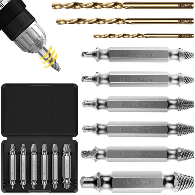 9-teiliges Schraubenausdreher-set Mit 3 Bohrern, Hss 6542 Schraubenausdreher-set, Heimwerker-reparaturwerkzeug, Linksgewinde-ausdreher, Härtegrad Hrc 63