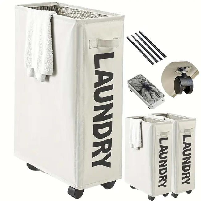 Set Aus 2 Schmalen, Zusammenklappbaren Wäschekörben Mit Ständer, Organizer Für Schmutzwäsche, Hohe, Schmale, Beige Körbe Mit Großem Fassungsvermögen Für Den Waschraum