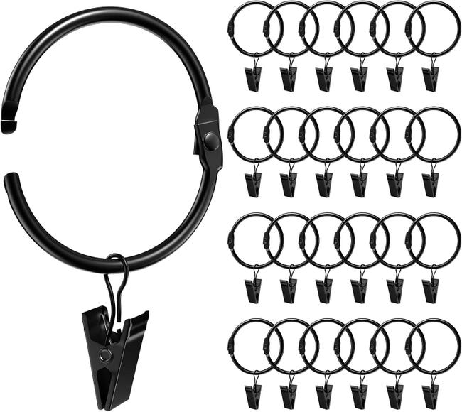 Gardinenringe, 20er-set, Mit Clips, 50 Mm Innendurchmesser, Schwarz, Rostfrei, Leicht Zu Öffnen Und Zu Schließen