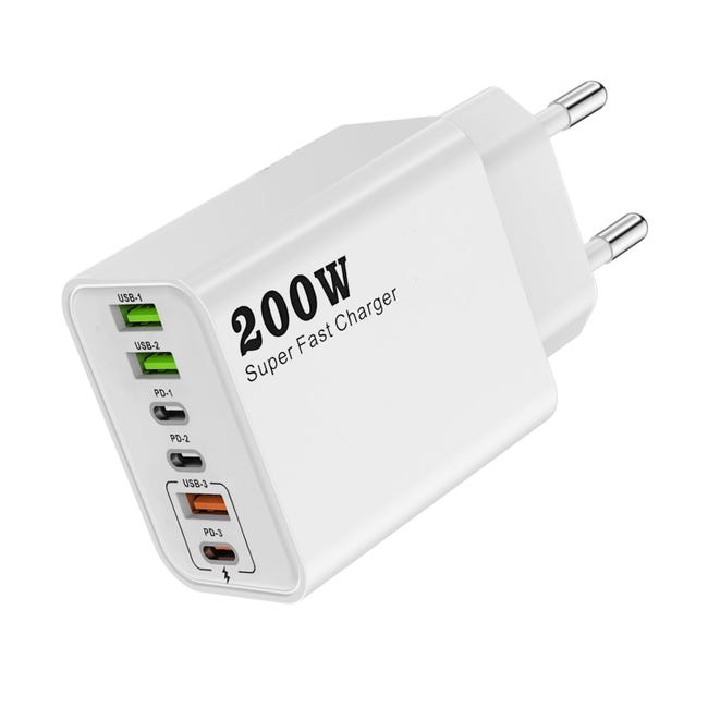200-w-usb-c-ladegerät Mit 6 Anschlüssen, Kompaktes Usb-schnellladegerät Mit Schutzfunktionen, Geeignet Für Verschiedene Smartphones – Weiß