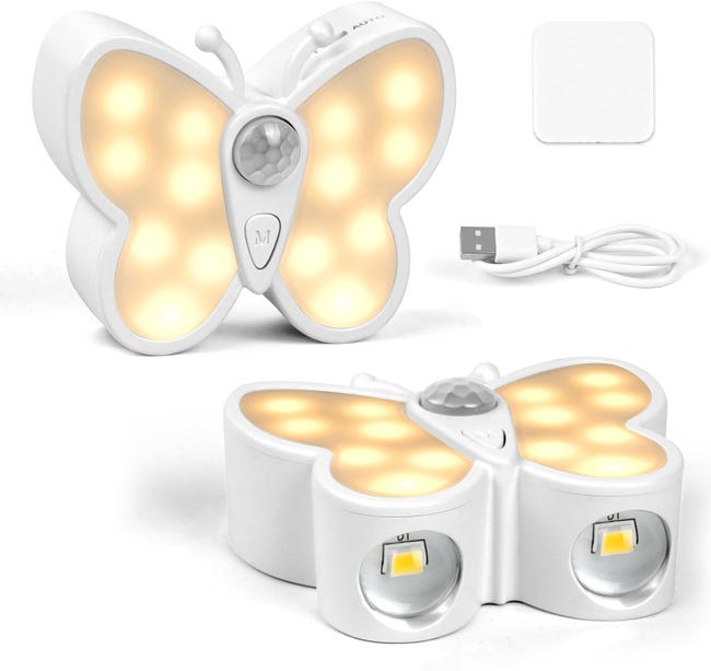 Led-nachtlicht Mit Bewegungsmelder, 2 Stück Usb-wiederaufladbare Schmetterlingslampen, Kabellos Magnetisch, 3 Farben & Einstellbare Helligkeit, Innenbeleuchtung