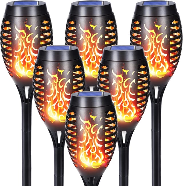 Solarleuchten für den Außenbereich – 6 Stück 12 LED-Solarleuchten mit realistischen Flammen, wasserdichte Solar-Taschenlampen für Garten, Terrasse,