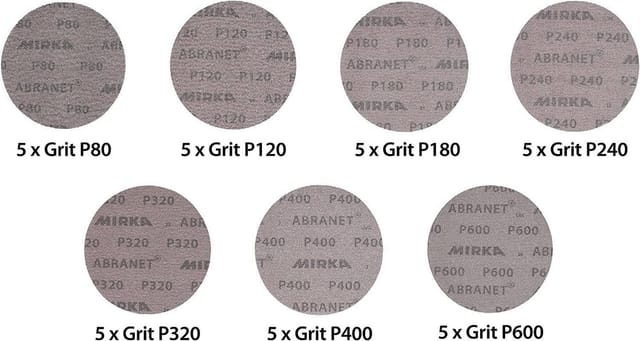 Mirka Abranet Netzschleifscheiben Ø 150mm Klett / Mix-Pack 5 von jeder Körnung 80, 120, 180, 240, 320, 400, 600 / 35 Stk / Für alle 150mm