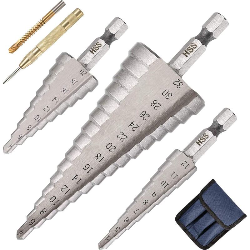 3-teiliges Stufenbohrer-set Für Metall, 4-12/20/32 Mm Titan-hss-kegeldreieckbohrer, Sechskantschaft Für Stahl, Holz, Messing, Aluminium, Pvc, Inklusive Körner Und Torsionsbohrer