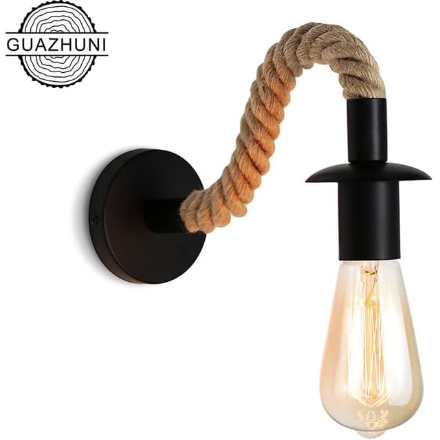Vintage-Hanfseil-Wandleuchte, ideale industrielle Wandleuchte, E27-Leuchtmittel, Glühbirne nicht im Lieferumfang enthalten, 110/220 V (schwarz),