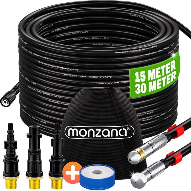 Rohrreinigungsschlauch Premium Set 200bar inkl. 3 Adapter 2 Düsen Kärcher K2 K3 K4 K5 K6 K7 Hochdruckreiniger Universal Rohrreinigungsset 15m