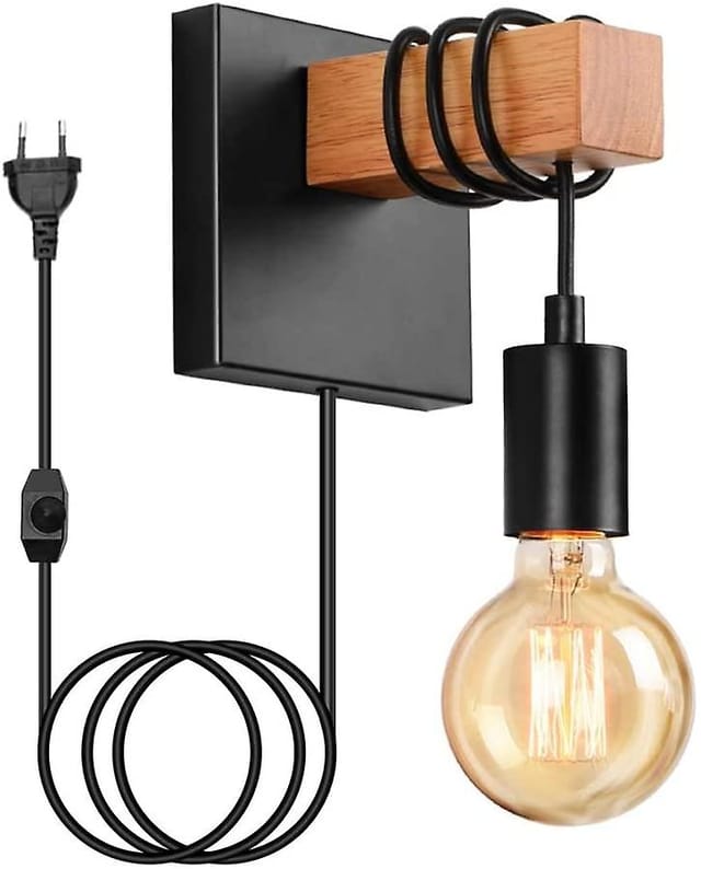 Industrielle Wandleuchte aus Holz mit Schalter, Retro-Innenfassung, E27, Wandstrahler (mit Schalter, ohne Leuchtmittel)