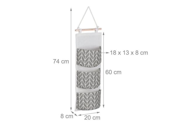 Hängeorganizer, 3 Fächer, Baumwolle, HxB: 74x20 cm, Hängetasche Bad, Flur, Büro, Hängeaufbewahrung, creme/grau - Relaxdays