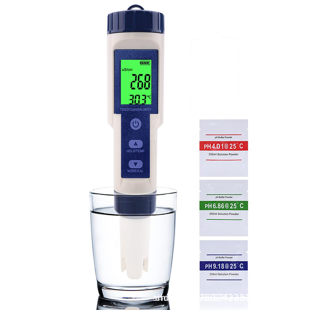 Elektronisches 5-in-1-ph-meter-testgerät, Misst Ph-wert, Tds, Ec, Salzgehalt Und Temperatur, Wasserqualitätstester, Lcd-bildschirm Und Genaue Messwerte