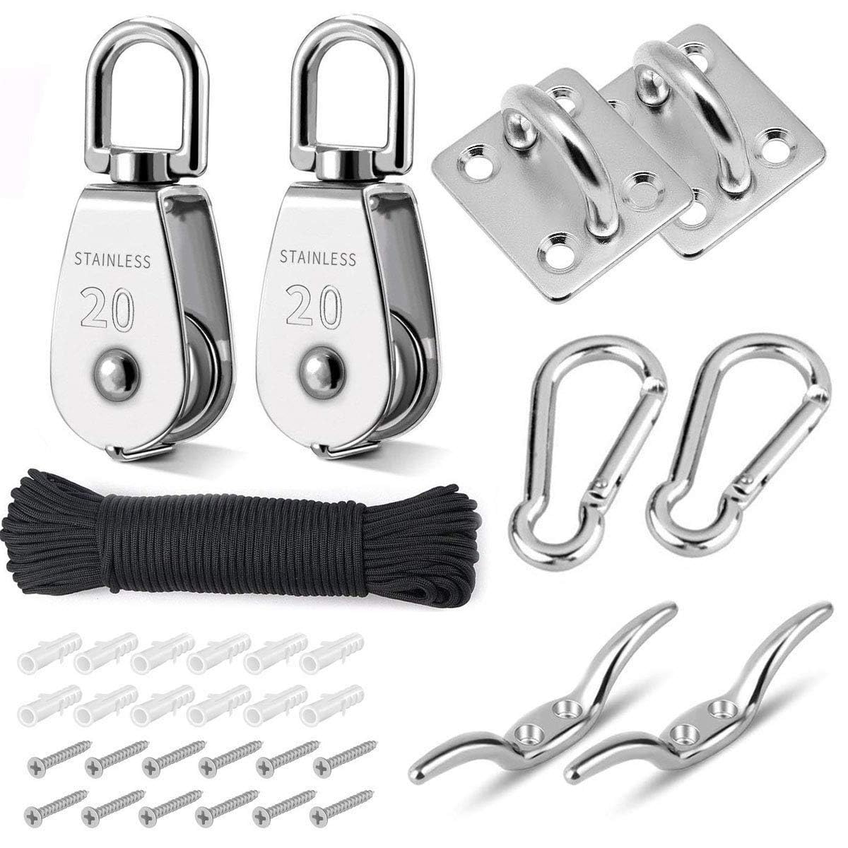 M20 Heberolle, 2 Stück, 20 Mm, Edelstahl 304, Für Seile Und Kabel Mit 4 Mm Seillänge (20 M) Und M5 Karabiner