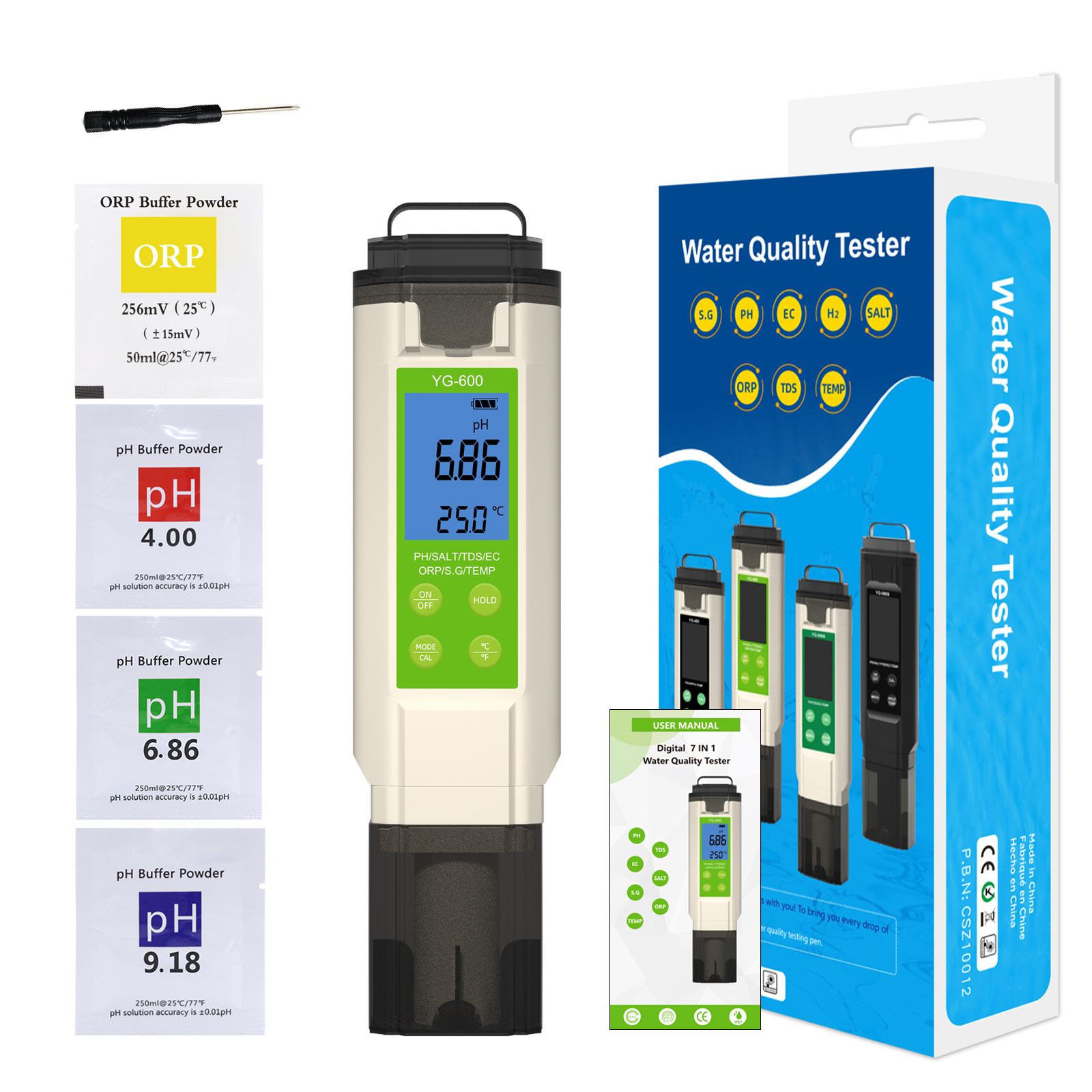 7-in-1 Wasserqualitätsmessgerät, Digitales Abs-ph-meter Mit Anzeige Von Temperatur, Redoxpotenzial, Salzgehalt, Elektrischer Leitfähigkeit, Gesamtfeststoffgehalt Und Spezifischem Gewicht.