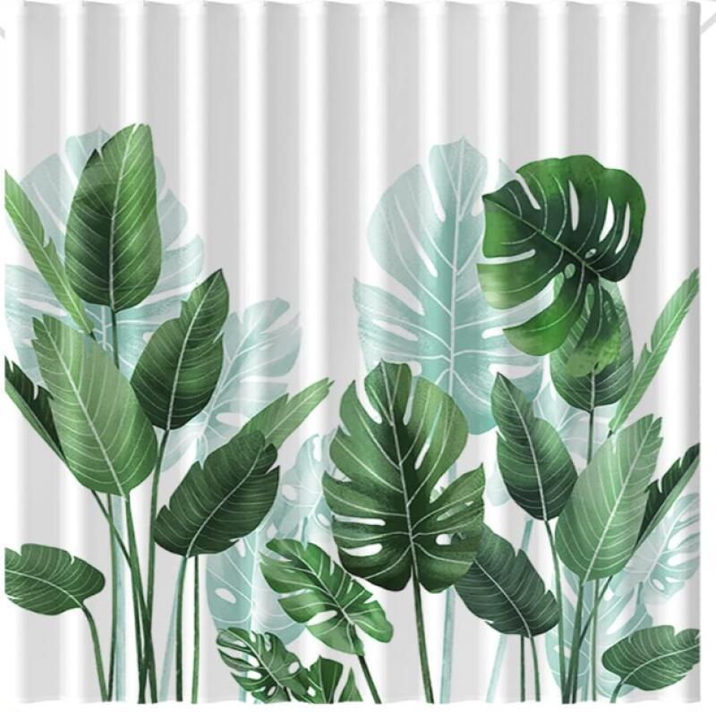 Schimmelresistenter Duschvorhang 180 X 200 Cm – Strelitzia – Polyester – Mit Ringen – Duschvorhang – Tropisches Blättermuster – Maschinenwaschbarer Stoff, Grün Und Weiß