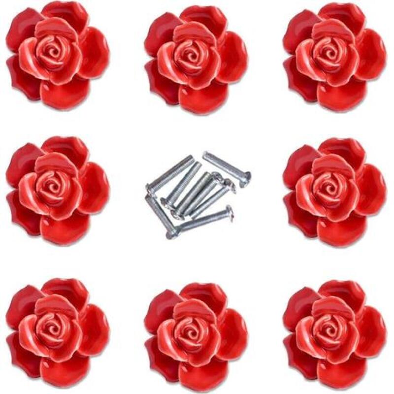 8 Elegante Rote Rosenblumen-möbelknöpfe Aus Keramik Für Schränke Und Schubladen