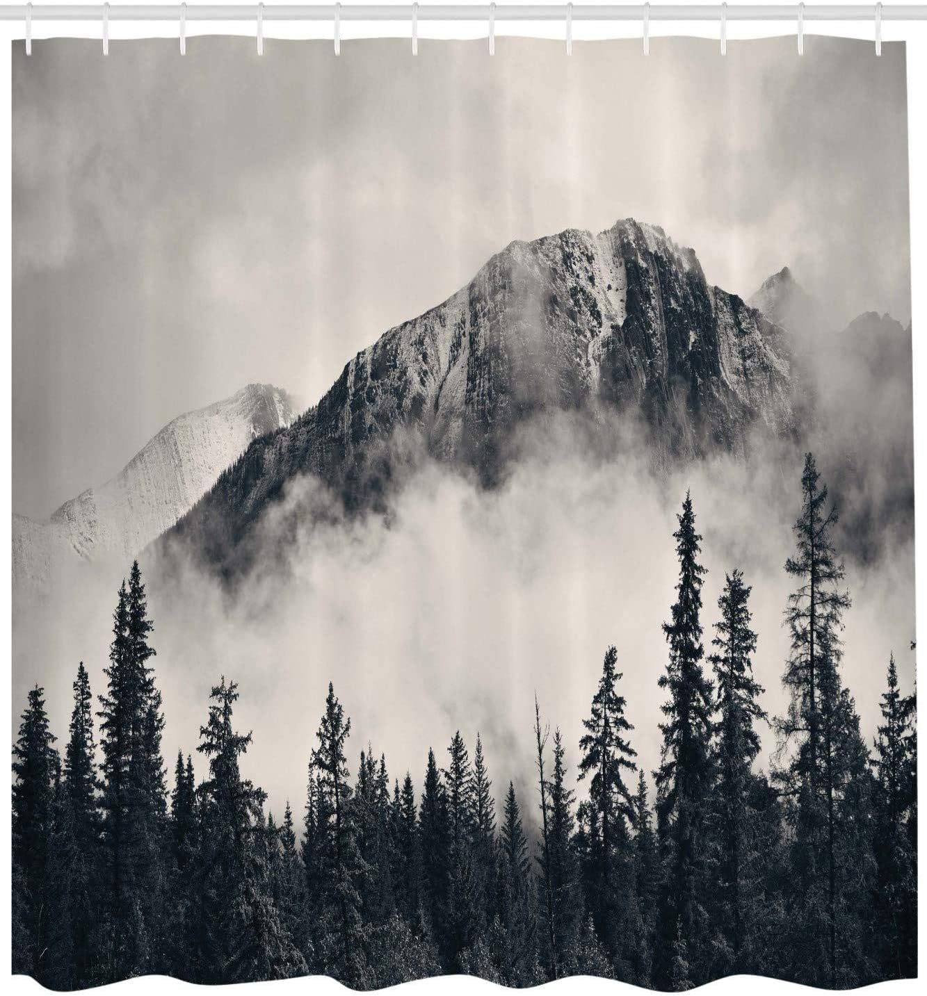 Duschvorhang – Mountain Nature Mist – 180 X 200 Cm – Waschbar – Schimmelresistent – Wasserdicht – Mit 12 Ringen – Grau, Schwarz, Weiß