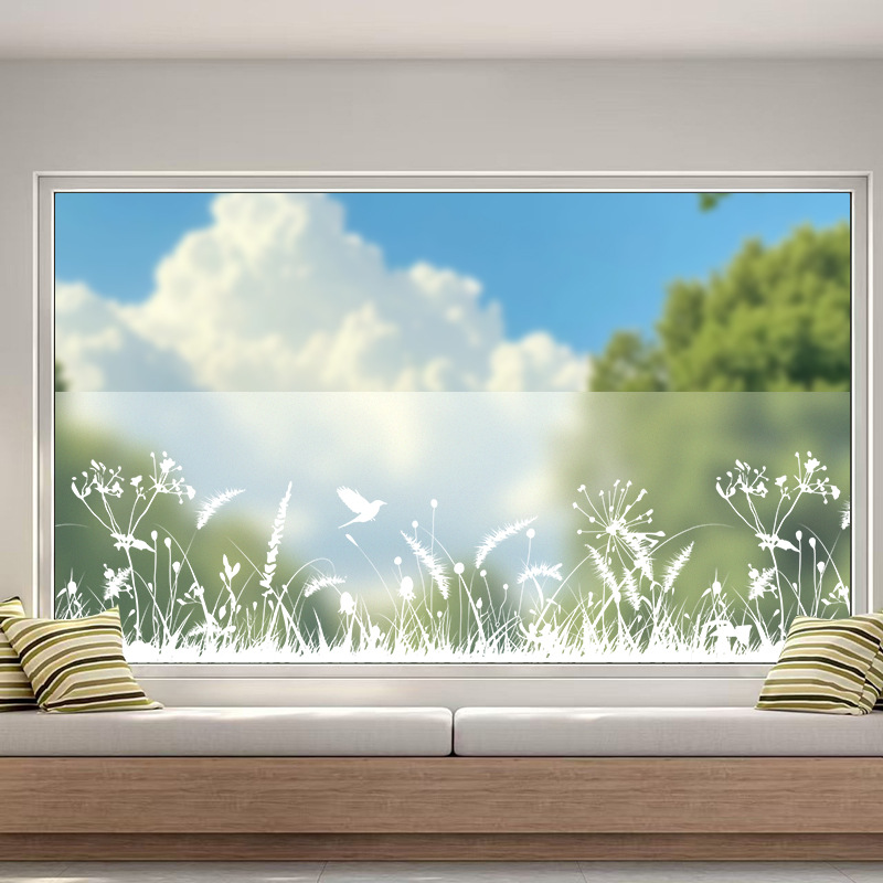 Elektrostatische Sichtschutzfolie 45 X 200 Cm, Dekoratives Gras- Und Vogelmotiv, Wiederverwendbar, Ideal Für Badezimmer